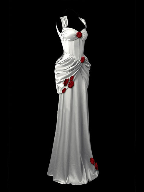 White Satin Mermaid Gown - Red Floral Evening Gown - White Dress for Evening Plus Size
